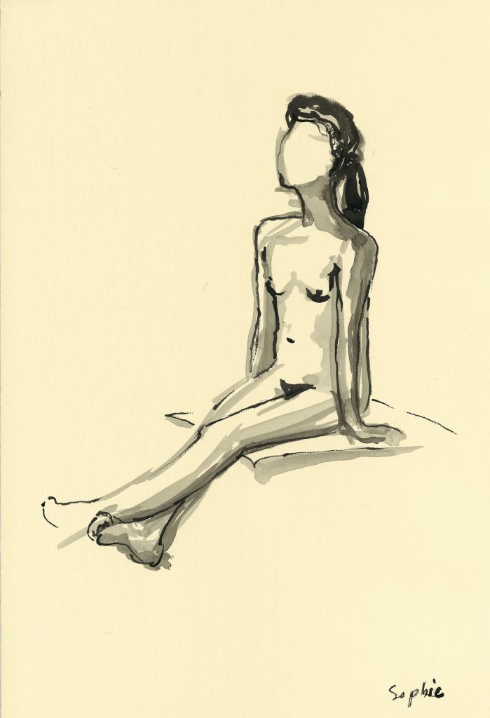 Sophie assise face , Encre de chine, BA Lagny, 04/2012